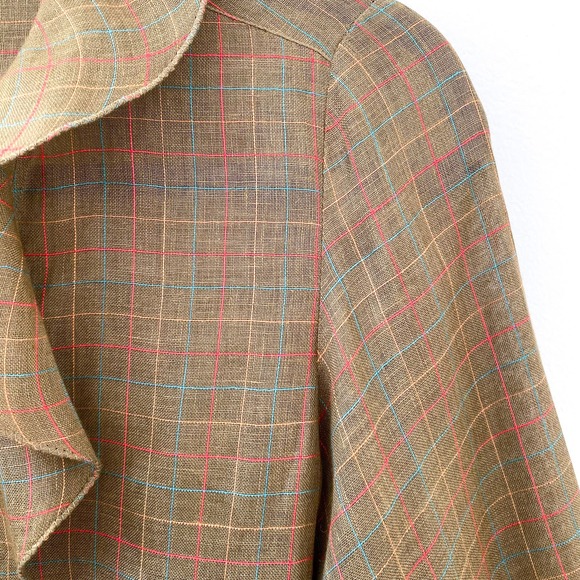 Vintage 70's Gucci Plaid Ruffle Front Shirt Top Long Sleeve Linen Brown Size 40 - Picture 3 of 7